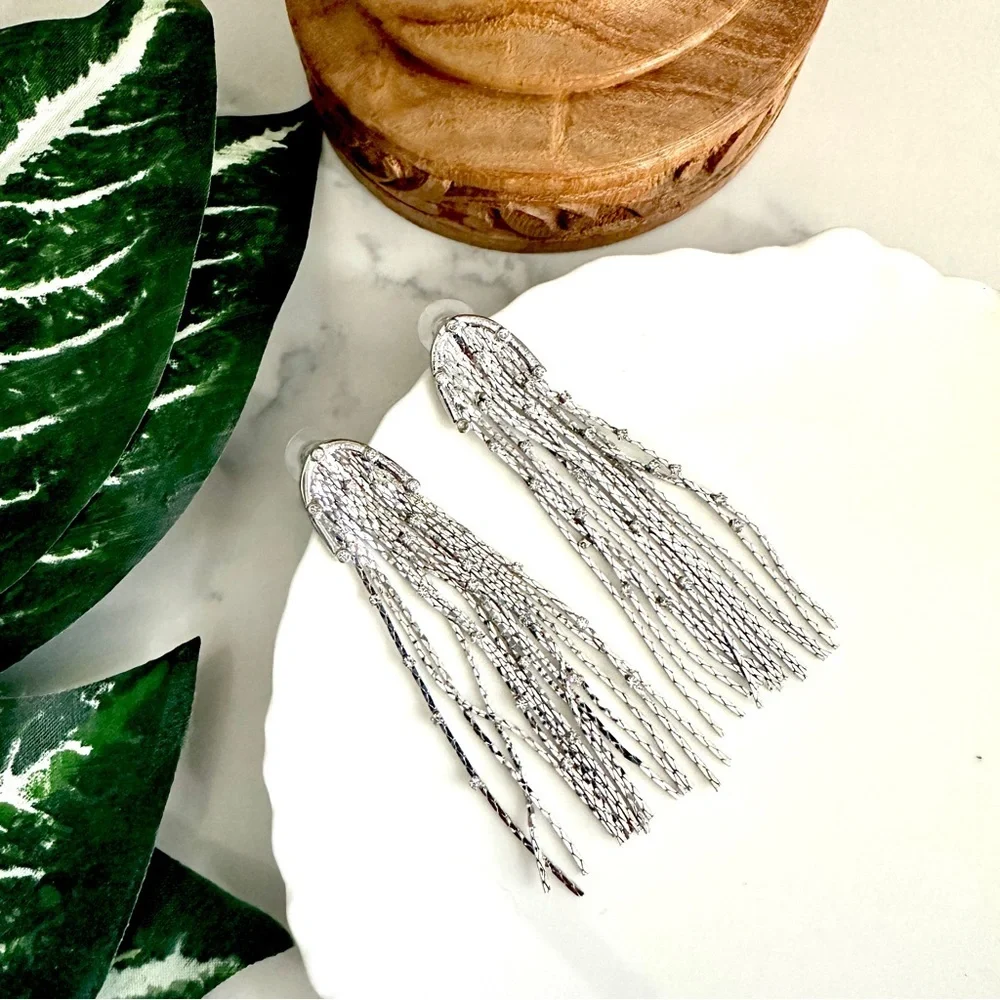 2/$30🌵 Long Arch Tassel Crystal Rhinestone Earrings Silver Tone Dangle Gift NEW